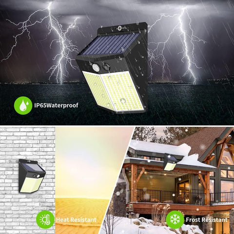 Lampada da parete solare da esterno 288 LED con sensore di movimento, 2 pezzi, bianco freddo 6000K, per cortile, giardino, corridoio, terrazza, vicino al muro, patio, villa