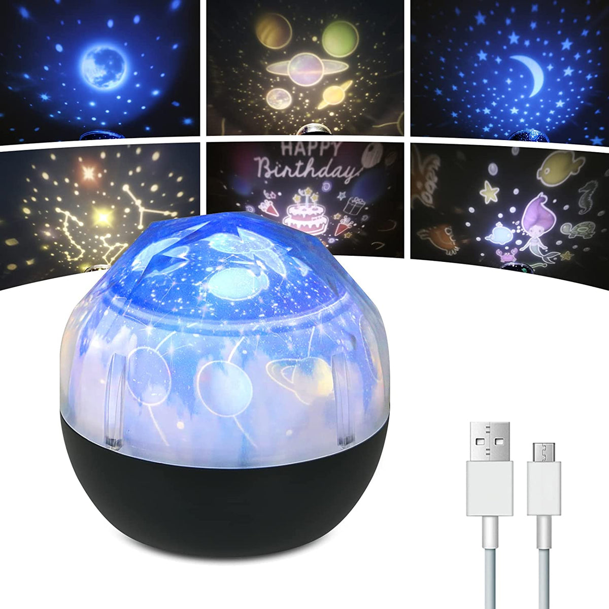 Proiettore Stellare Luce Notturna, Proiettore Cielo Stellato Galassia, Lampada per Proiezione Cielo Stellato con Rotazione a 360° e 6 Film di Proiezione, per Regali di Compleanno, Natale, Halloween, Festa dei Bambini