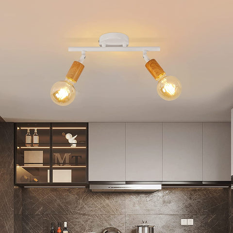 Plafoniera LED 2 Faretti Orientabili, Plafoniera LED Bianca Legno, Illuminazione da Soffitto per Interni per Cucina, Soggiorno, Camera da Letto, Corridoio, Senza Lampadine, Max 60W