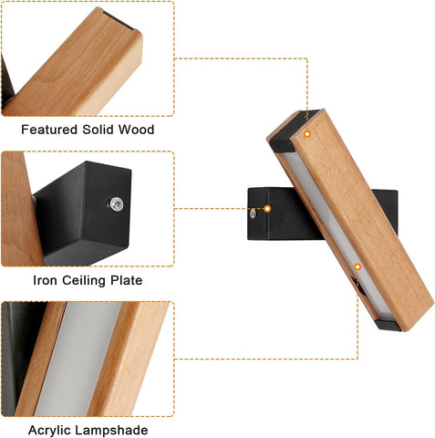 Lampada da parete a LED in legno moderna girevole lampada da parete rettangolare bianco freddo 6000K 4,5W per camera da letto, soggiorno, corridoio, ingresso 