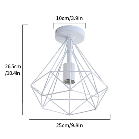 Plafoniera industriale vintage a forma di diamante con gabbia metallica, paralume retrò, lampada a sospensione per sala da pranzo, bar, camera da letto, 25 cm (bianco)