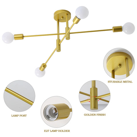 Plafoniera industriale, lampada da soffitto retrò, lampadari LED moderni in metallo dorato a 4 lampade E27 per camera da letto, soggiorno, cucina, ufficio, bar, ristorante