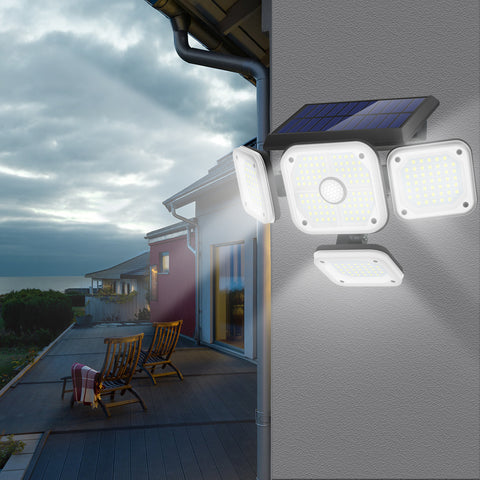 Rilevatore di movimento per lampada solare da esterno, 4 teste 231 Luce solare da esterno a LED con telecomando Illuminazione esterna solare impermeabile IP65 3 modalità Spot Proiettore solare a LED da giardino Bianco freddo