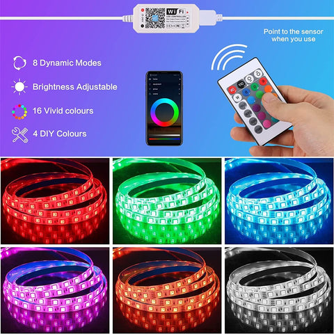 Striscia LED WiFi intelligente 5m Controllo app 5050 RGB, Striscia luminosa flessibile multicolore impermeabile IP65 con telecomando per cucina domestica Televisione Camera da letto Decorazione festiva per feste 