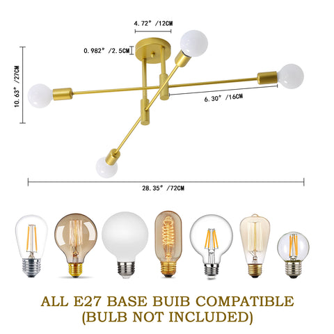 Plafoniera industriale, lampada da soffitto retrò, lampadari LED moderni in metallo dorato a 4 lampade E27 per camera da letto, soggiorno, cucina, ufficio, bar, ristorante