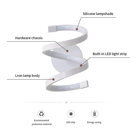 Applique a LED a spirale, moderna lampada da parete da 18 W, bianco freddo 6500 K, per camera da letto, ufficio, corridoio