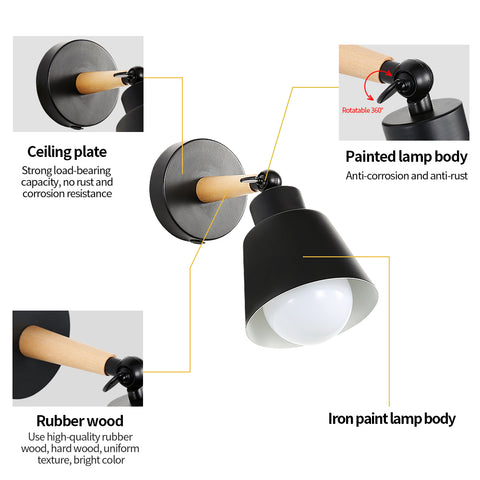Lampade da parete per interni retrò, lampada da parete industriale vintage E27, faretti da parete in metallo e legno per camera da letto, balcone, corridoio, cucina, scale (nero)