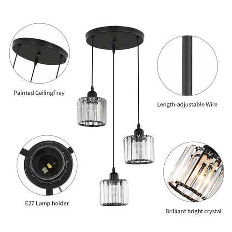 Lampadario nordico moderno e minimalista E27 Lampadario da soffitto in cristallo per sala da pranzo a semi-incasso (rotondo, 3 luci)