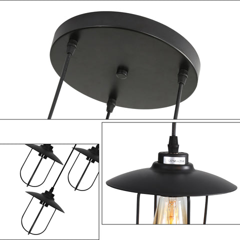Lampadario Industriale, Lampadario Vintage a 3 Fiamme dal Design Industriale, Lampadario retrò con 3 Gabbie Metalliche, Colore: Nero, Attacco: E27, 3 Luci
