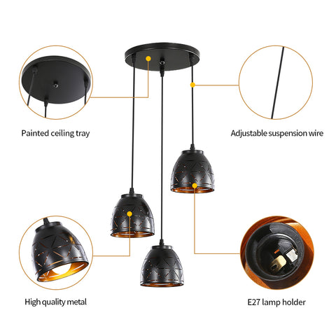 3 Lampade a sospensione retrò, Lampadario industriale intagliato cavo, Lampada da soffitto in metallo vintage E27, Illuminazione per soggiorno Cucina Corridoio Ristorante Loft Café Bar