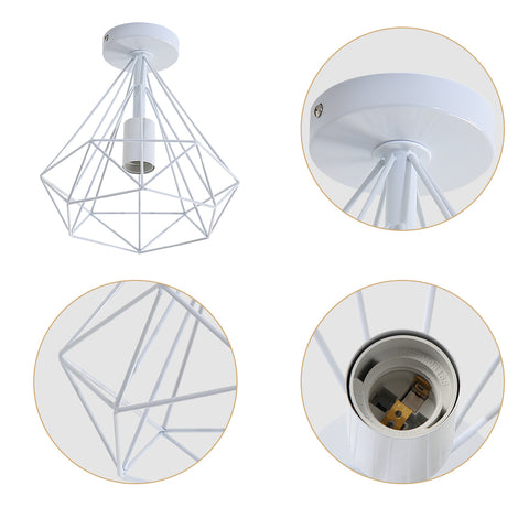 Plafoniera industriale vintage a forma di diamante con gabbia metallica, paralume retrò, lampada a sospensione per sala da pranzo, bar, camera da letto, 25 cm (bianco)