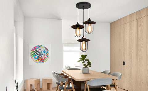 Lampadario Industriale, Lampadario Vintage a 3 Fiamme dal Design Industriale, Lampadario retrò con 3 Gabbie Metalliche, Colore: Nero, Attacco: E27, 3 Luci