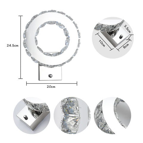 Applique da parete a LED per interni, lampada da parete in cristallo, luce bianca fredda 9W 6000K, design moderno, lampada da parete decorativa per soggiorno, camera da letto, corridoio, bagno, 24x20x10CM