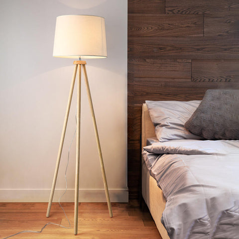 Lampada da terra con treppiede in legno, lampada da terra a LED con interruttore a pedale, lampada da terra vintage, lampada da terra con lampadina E27 e paralume in lino per soggiorno camera da letto