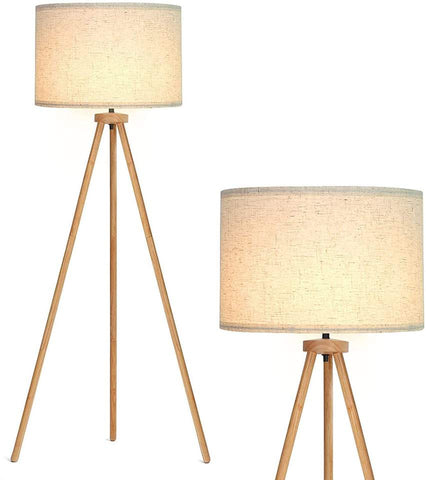 Lampada da terra con treppiede in legno, lampada da terra a LED con interruttore a pedale, lampada da terra vintage, lampada da terra con lampadina E27 e paralume in lino per soggiorno camera da letto
