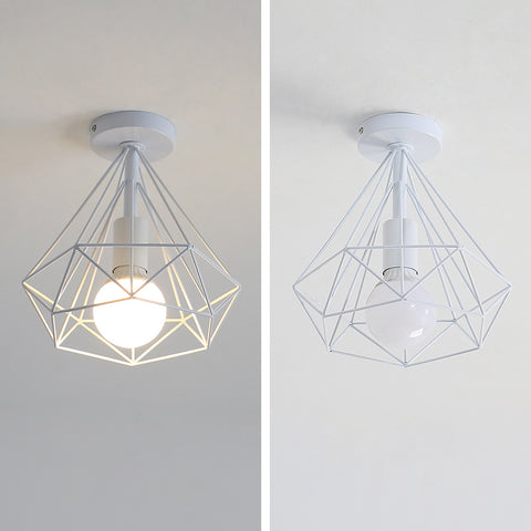 Plafoniera industriale vintage a forma di diamante con gabbia metallica, paralume retrò, lampada a sospensione per sala da pranzo, bar, camera da letto, 25 cm (bianco)