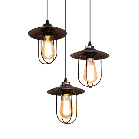 Lampadario Industriale, Lampadario Vintage a 3 Fiamme dal Design Industriale, Lampadario retrò con 3 Gabbie Metalliche, Colore: Nero, Attacco: E27, 3 Luci
