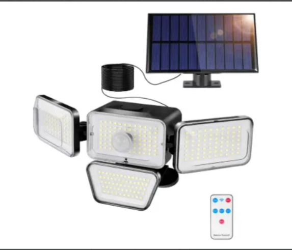 Lampada Solare da Esterno Sensore di Movimento, Luce Solare da Esterno 4 Teste 278 LED IP65 Proiettore Solare da Esterno Impermeabile con Telecomando 3 Modalità Faretto LED Solare per Giardino